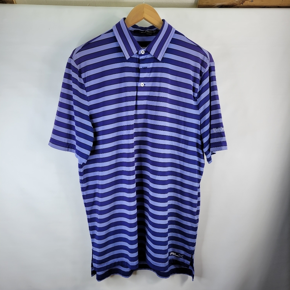 RLX Ralph Lauren 2 tone Blue Striped Polo Size Large Wolf Creek on Sleeve